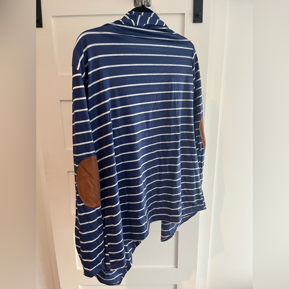 Striped navy cardigan with elbow patches in size large
